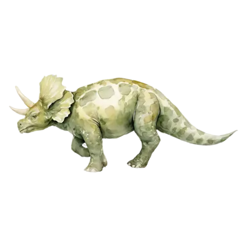 Triceratops grazing with its head down, a sturdy four-legged plant-eater with three horns and a large bony neck frill, watercolor painting, transparent background