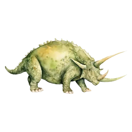 Triceratops head and shoulders portrait showing the bony frill, a sturdy four-legged plant-eater with three horns and a large bony neck frill, watercolor painting, transparent background
