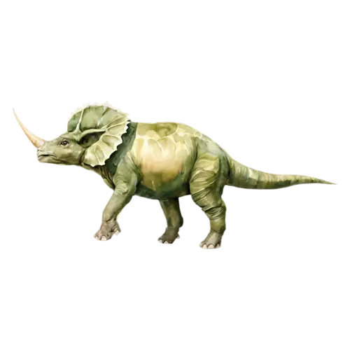 Triceratops trotting, viewed from the side, a sturdy four-legged plant-eater with three horns and a large bony neck frill, watercolor painting, transparent background