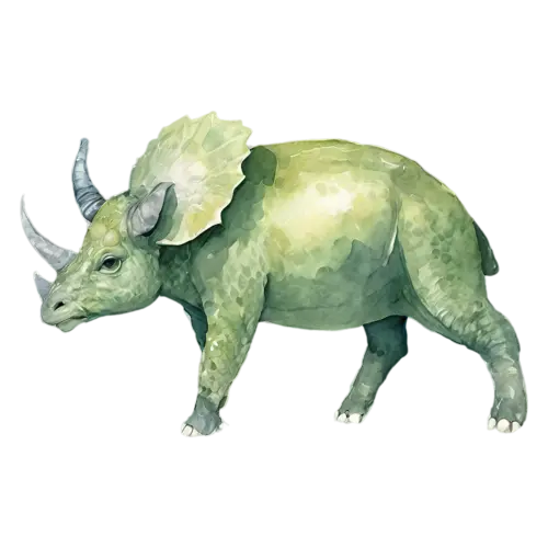 Triceratops resting on the ground, a sturdy four-legged plant-eater with three horns and a large bony neck frill, watercolor painting, transparent background