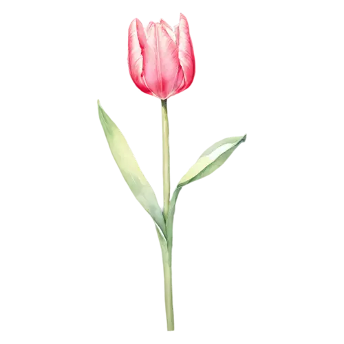 Tulip pink cup-shaped bloom on a green stem, smooth cup-shaped blooms on tall stems in pink, watercolor painting, transparent background