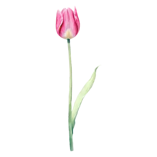 Tulip white bloom with a green leaf, smooth cup-shaped blooms on tall stems in pink, watercolor painting, transparent background