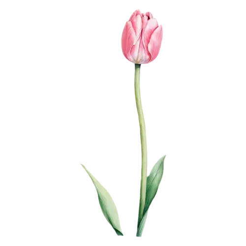 Tulip single bloom with a long curving stem, smooth cup-shaped blooms on tall stems in pink, watercolor painting, transparent background