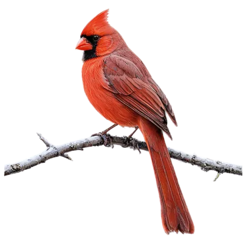 Northern cardinal perched in three-quarter view, vivid red plumage with black face mask, watercolor painting, transparent background