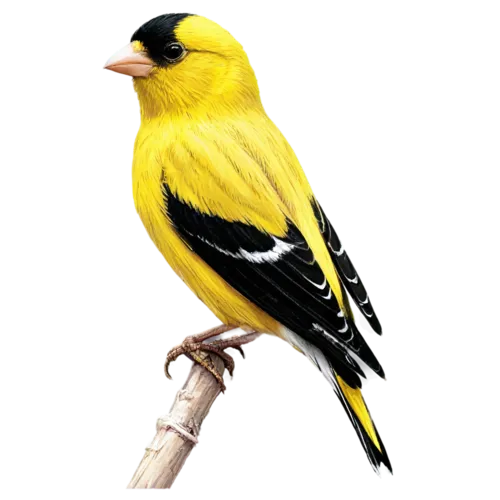 American goldfinch in bright yellow breeding plumage with black wings, watercolor clipart, transparent background