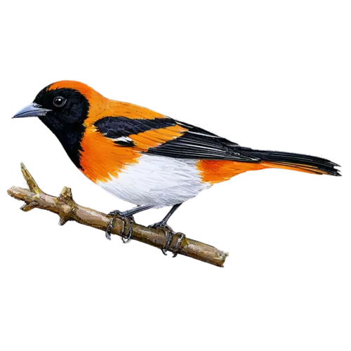 Baltimore oriole in three-quarter view showing wing pattern detail, watercolor clipart, transparent background