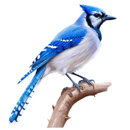 Blue jay with bright blue crest and wing bars, bold markings, watercolor painting, transparent background