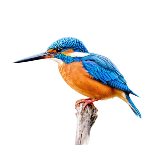 Common kingfisher with iridescent blue-orange plumage and long bill, watercolor illustration, transparent background