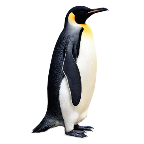 Emperor penguin standing upright with golden neck patches, watercolor painting, transparent background