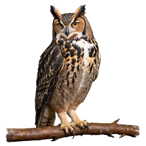 Great horned owl with piercing yellow eyes and prominent ear tufts, watercolor painting, transparent background