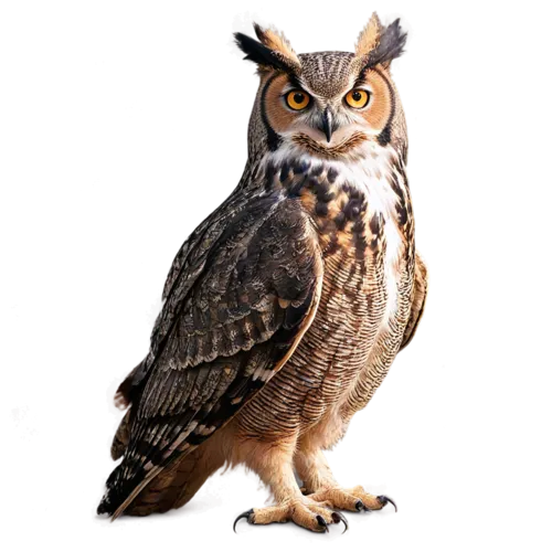 Great horned owl in three-quarter view showing barred chest plumage, watercolor illustration, transparent background