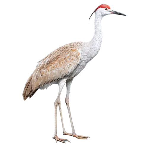 Sandhill crane in full body view with gray plumage and red crown, watercolor illustration, transparent background