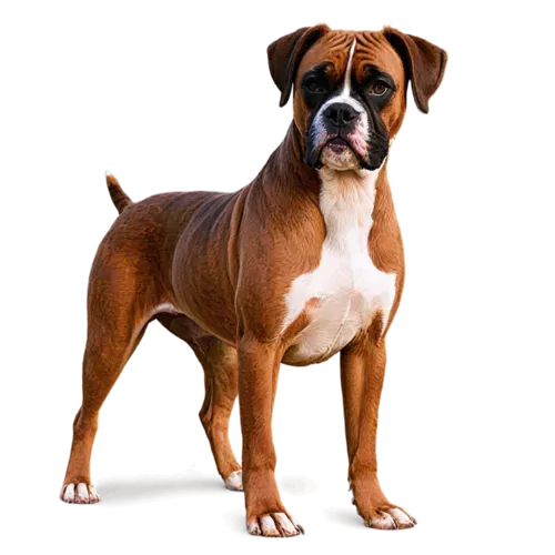 Boxer dog standing in three-quarter view with muscular build and fawn coat, watercolor painting, transparent background