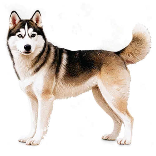 Siberian Husky standing alert with erect ears and bushy tail, watercolor illustration, transparent background