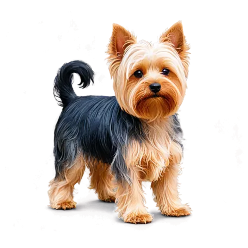 Yorkshire Terrier with silky tan and steel-blue coat, watercolor painting, transparent background