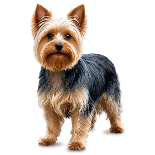 Yorkshire Terrier in three-quarter view showing fine glossy fur and perky ears, watercolor illustration, transparent background