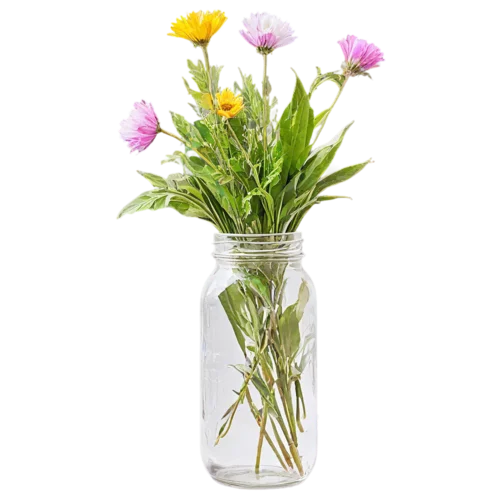Delicate wildflower bouquet with pink and lavender blooms in a clear glass jar, watercolor style, transparent background