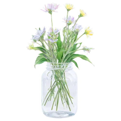 Purple wildflower stems with green foliage in a glass vase, watercolor clipart, transparent background