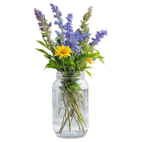 Pastel wildflower arrangement with baby's breath in a glass jar, watercolor painting, transparent background