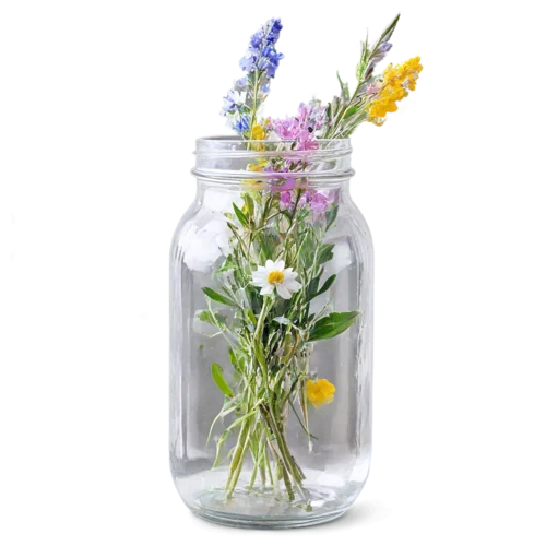 Vibrant meadow flowers with daisies in a clear vase, watercolor clipart, transparent background