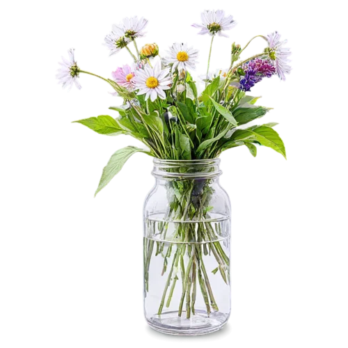 Tall wildflower stems with lupines and Queen Anne's lace in a jar, watercolor style, transparent background