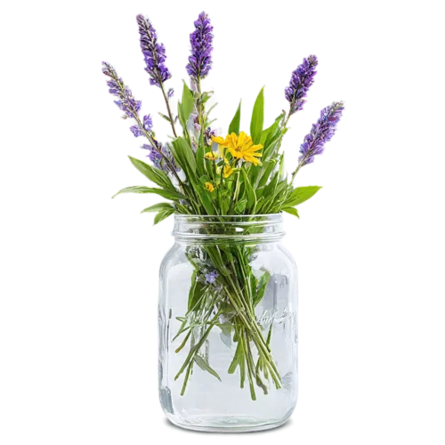 Spring wildflower mix with tulips and hyacinths in a glass jar, watercolor clipart, transparent background