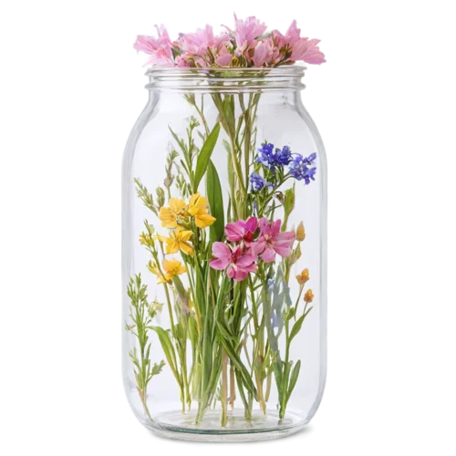 Cottage garden wildflowers with sweet peas in a mason jar, watercolor style, transparent background