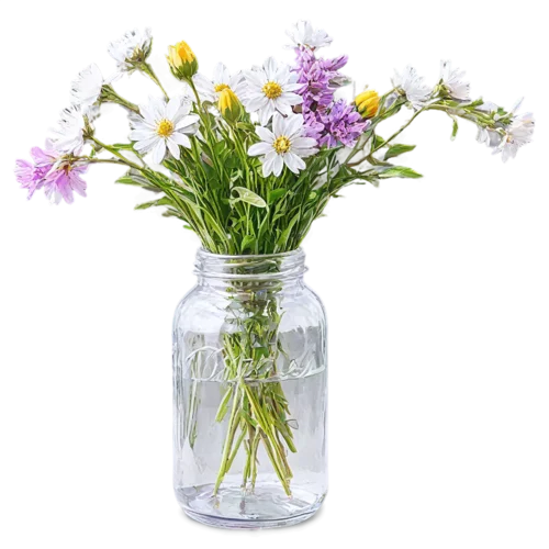 Full wildflower bouquet with mixed blooms overflowing a glass vase, watercolor painting, transparent background