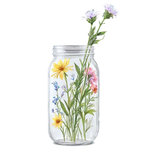 Delicate wildflower sprigs with forget-me-nots in a small glass jar, watercolor clipart, transparent background
