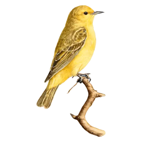 Yellow warbler perched upright on a branch, full body side view, watercolor illustration, transparent background